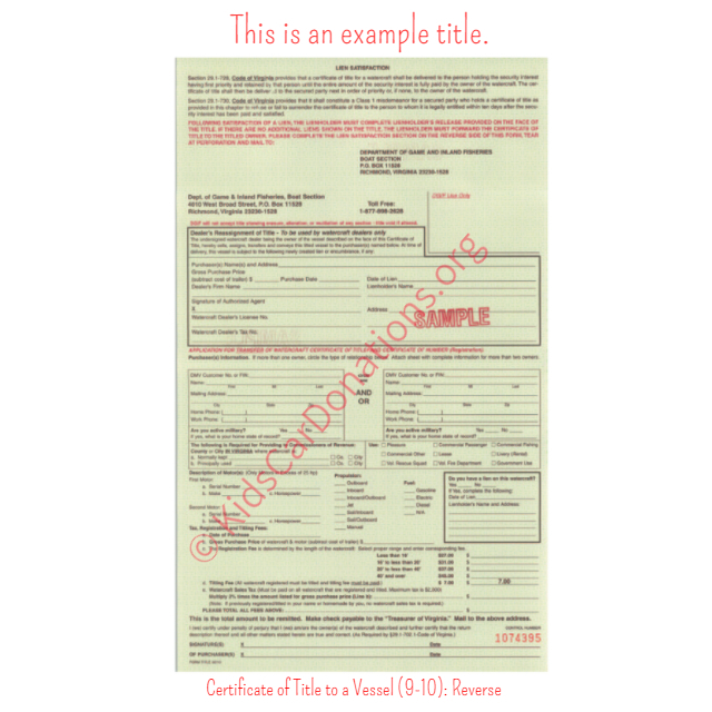 This is an Example of Virginia Certificate of Title to a Vessel (9-10) Reverse View | Kids Car Donations